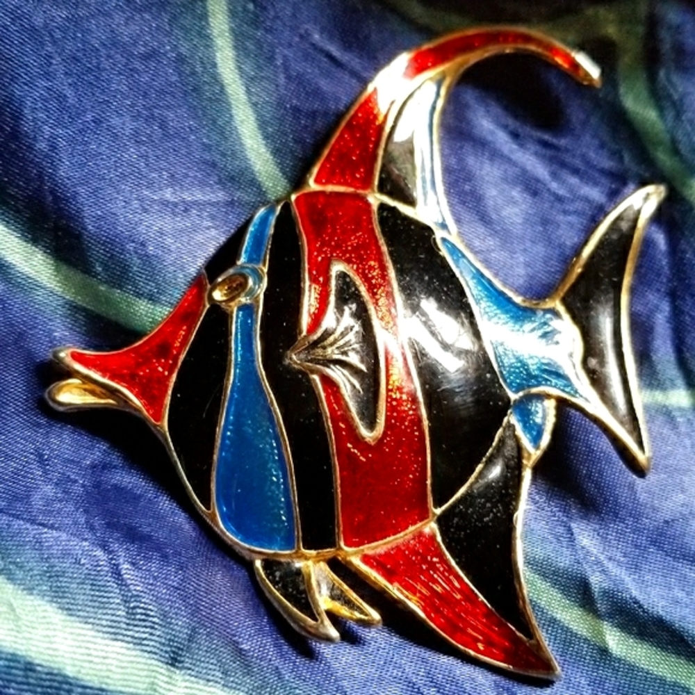 Relisted -Angel fish enamel brooch pin red blue black gold - Picture 1 of 8